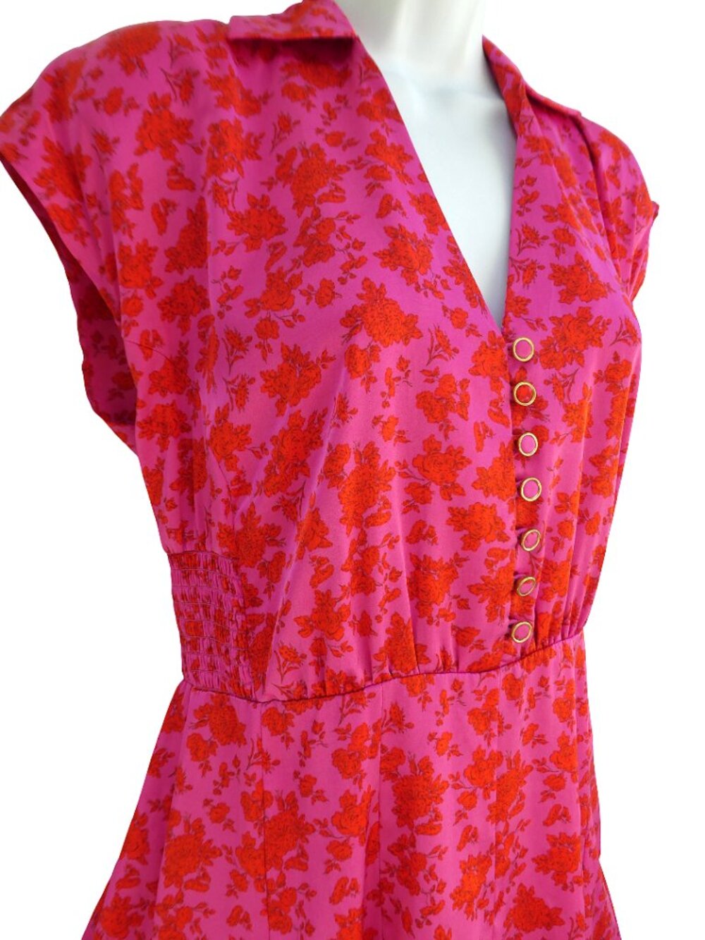 SaTin Zara Smocked Floral Mini Dress Pink Magenta Side Zipper Bodice Buttons M